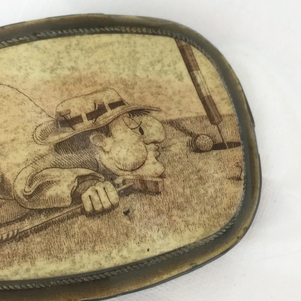 Vintage Novelty Brass Belt Buckle Cartoon Golfer Blowing Golf Ball Into The Hole